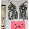 Image 1 : Pair of silver & turquoise dream catcher earrings with 5 dangling s/c feathers