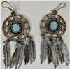 Image 2 : Pair of silver & turquoise dream catcher earrings with 5 dangling s/c feathers