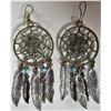 Image 3 : Pair of silver & turquoise dream catcher earrings with 5 dangling s/c feathers
