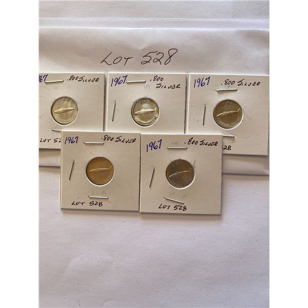1867-1967  Canada Confederation Mackerel Fish Dime 10 Cents .800 Silver 5 Coins