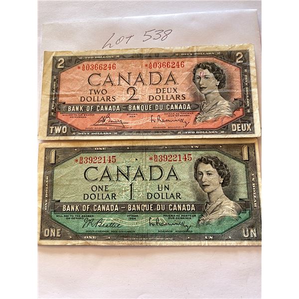 Canada One & Two Dollar 1954 Replacement Bills