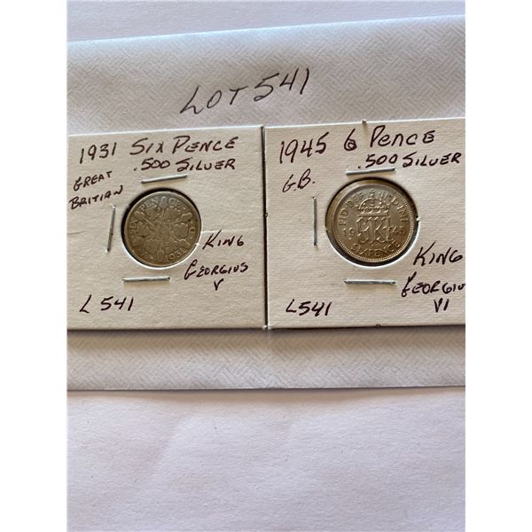 Great Britain 1931King Georgivs V,  1945 King Georgivs VI, 6 Pence .500 Silver