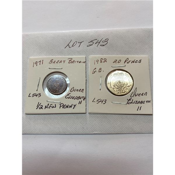 Great Britain 1971 Half New Penny, 1982 Twenty 20 Pence, Queen Elizabeth II