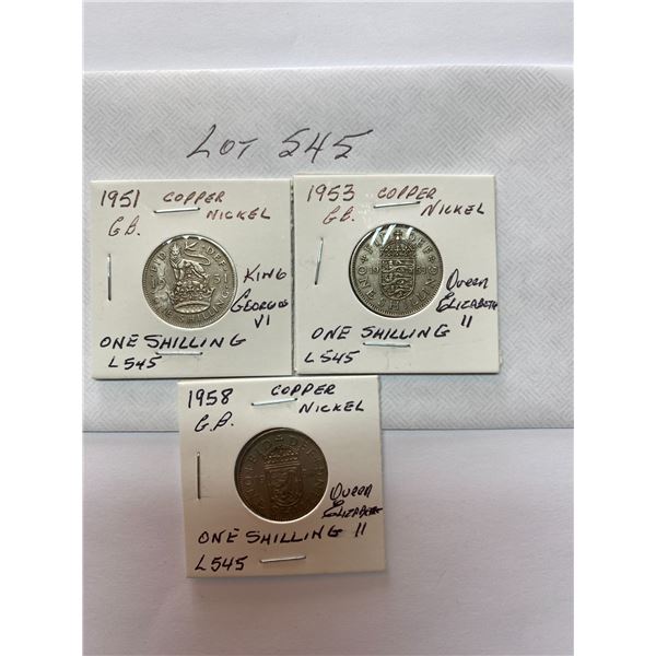 Great Britain One 1 Shilling, 1951 King Georgivs VI, 1953, 1958 Queen Elizabeth II