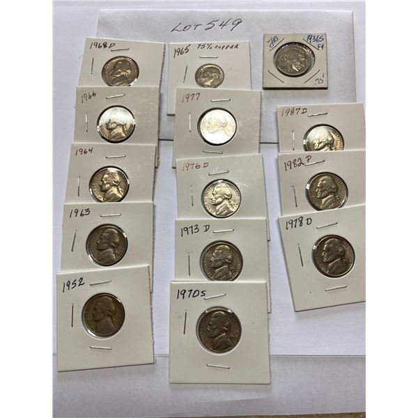 USA Five Cent Nickel coins Various Years 1936-1987, 1965 Dime,  14 Coins