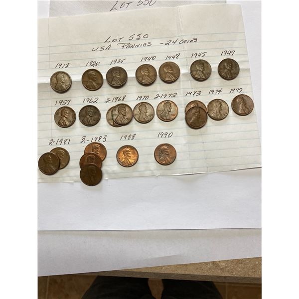 USA One Cent Pieces Various Years 1918-1990, 24 Coins