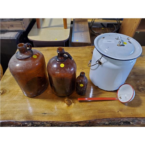 enamel pot w/ ladle & 3 glass bottles
