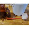 Image 3 : enamel pot w/ ladle & 3 glass bottles