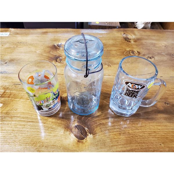 a&w mug, shrek glass & glass jar