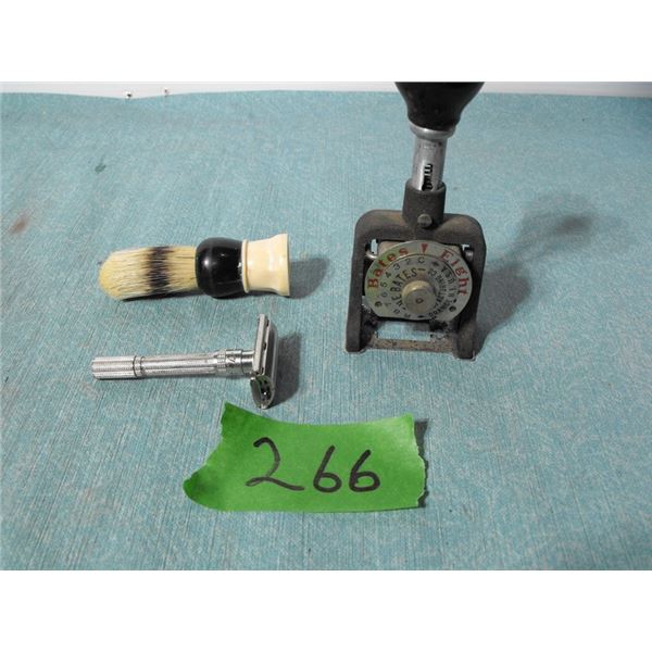 Bates numbering machine, Gillette safety razor c/w brush
