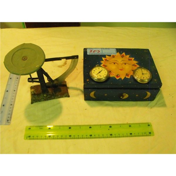 Scale, jewelry box and 2 pocket watches