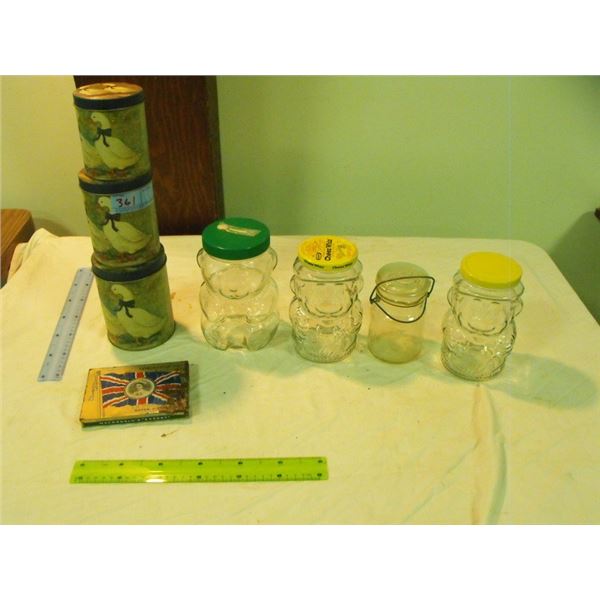 Cannister set, Mario cheese whiz jars, tobacco tin, etc