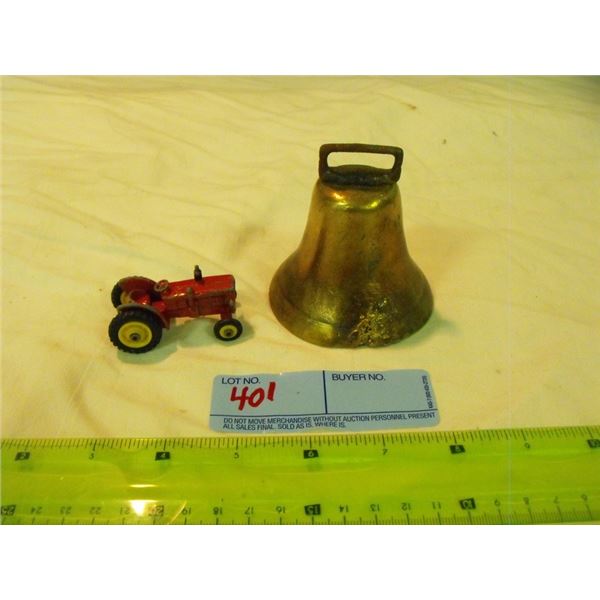 Brass bell & small Volvo toy tractor