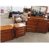 Image 1 : 3 Pc BR Set - Dresser w Mirror - 43" x 67" x 17" , Mirror is  33" X 45" Nite Tables 28"H 26" W 17"