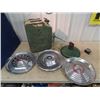 Image 1 : Porc Light Fixture, Military Metal Gas Can, & 3 Hubcaps