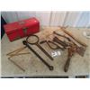 Image 1 : Metal Tool Box, Old Tools - JD Wheel Wrench, 2 Ford Wrenches, Alligator Wrenches, Hatchets Plus More