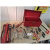 Image 1 : Red Tool Box w Tools, Gray 1/2" Sockets Pipe/Crescent Wrenches, Hack Saw, Screwdrivers, Pliers Plus 