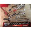 Image 2 : Red Tool Box w Tools, Gray 1/2" Sockets Pipe/Crescent Wrenches, Hack Saw, Screwdrivers, Pliers Plus 
