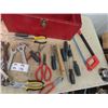 Image 3 : Red Tool Box w Tools, Gray 1/2" Sockets Pipe/Crescent Wrenches, Hack Saw, Screwdrivers, Pliers Plus 