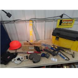 Tool Box w Carpenters Tools, Mitre Saw, Tape Measurer, Framing Hammer, Squares, Levels, Nail Puller,