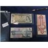 Image 1 : Canadian Paper Money 1973 1 Dollar Bill, 1986 5 Dollar Bill, & 1986 2 Dollar Bill