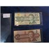 Image 1 : Canadian Paper Money 1986 2 Dollar Bill, & 1991 20 Dollar Bill