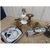 Image 3 : Brass Candle Holders & Vase, Serving Tray, Fisherman Ornaments & Lamp