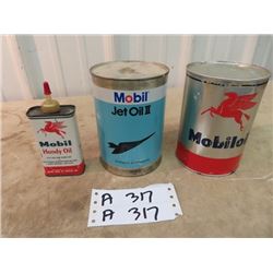 3 Mobiloil Cans 1) Handy Oil - 4 Fluid Oz, 1) Jet OIl #2 - Quart, & 1) Oil Quart