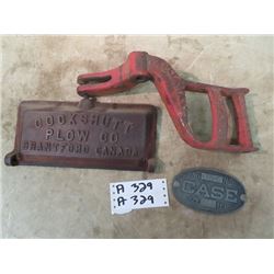 3 Cast Items -1 ) Cockshutt Tool Box Lid, 1) Case Metal Tag & 1) Massey Harris Lever