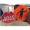 Image 2 : 3 Signs - 1) Old Embossed Metal Stop Sign, 1) Flagman Stop Sign & 1) Construction Sign