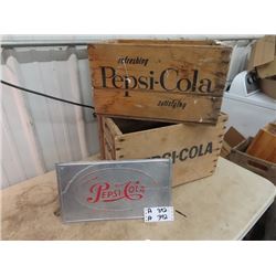 Metal Embossed Pepsi SIgn  9" x 16", & 2 Pepsi Crates