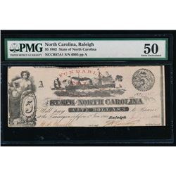 1862 $5 Raleigh NC Obsolete Note PMG 50