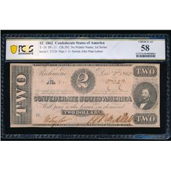 1862 $2 T-54 Confederate PCGS 58