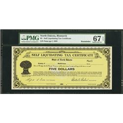 1933 $5 Bismarck ND Self Liquidating Tax Cert PMG 67EPQ