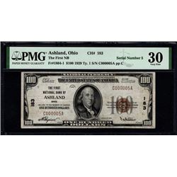 1929 $100 Ashland OH National Bank Note PMG 30