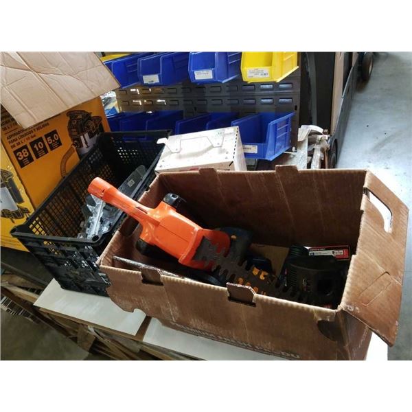 Box of power tools, crate of joist hangers and construction heater cut cord