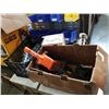 Image 1 : Box of power tools, crate of joist hangers and construction heater cut cord
