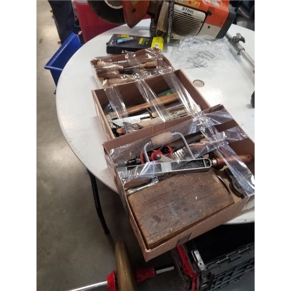 3 TRAYS OF VINTAGE HAMMERS, CHISELS, DRILL BITS, TOOLS