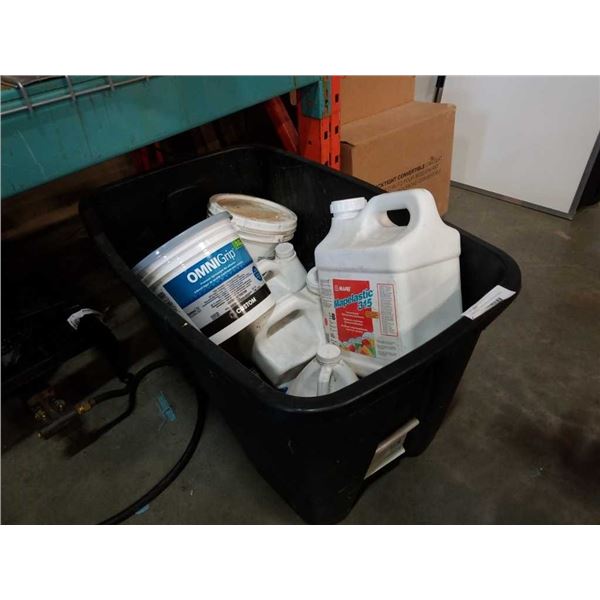 Large tote of waterproofing and flooring supplies: maplelastic, omni grip and more