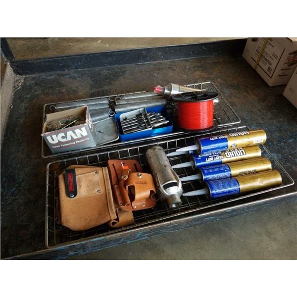 Two trays of Springs, anchors, Liquid Nails and more