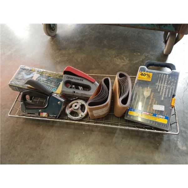 Tray of socket set, drill bits, staplers and sanding belts