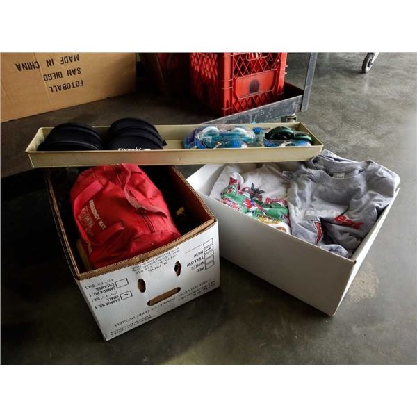 Two boxes of new t-shirts, emergency kit and Speedo goggles