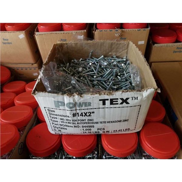Box of number 14 by 2 inch hex head Tek Point zinc screws