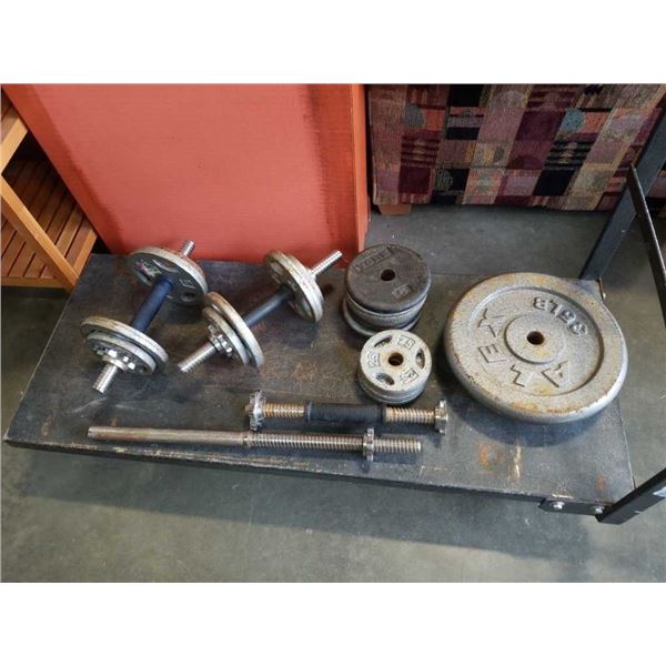 3 dumbbells and tricep bar with 130 lb of plate weight