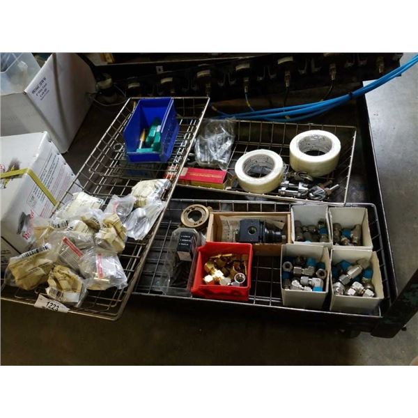 Three trays of air fittings wire clamps glass tape and more