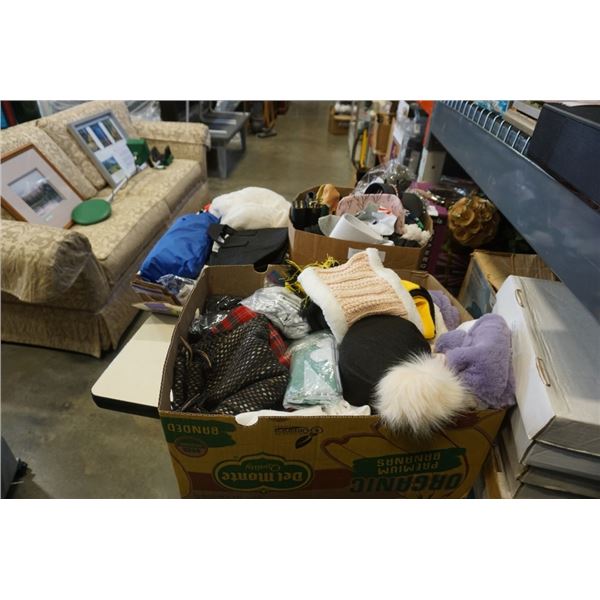 3 BOXES OF CLOTHING, WALLETS, WINTER ACCESSORIES HATS AND GLOVES