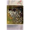 Image 8 : WOODEN JEWELLERY BOX W/ RINGS AND 2 TINS OF JEWELLERY