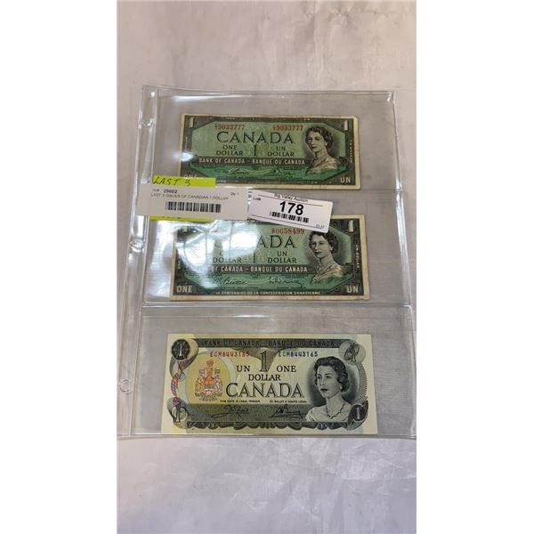 LAST 3 ISSUES OF CANADIAN 1 DOLLAR BILLS - 1954, 1967, 1973