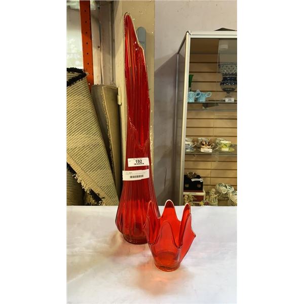 LARGE RED ART GLASS VASE 28 INCHES TALL AND OTHER RED ART GLASS VASE