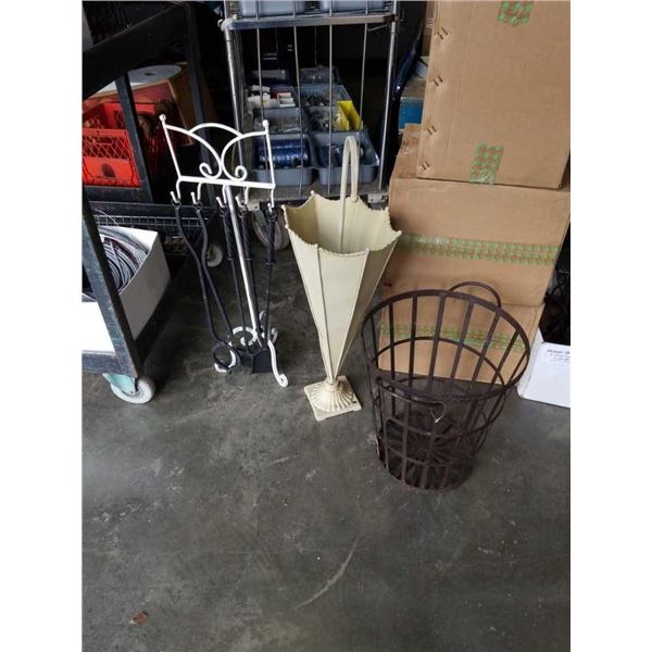 Umbrella stand, decorative metal bin and companion set